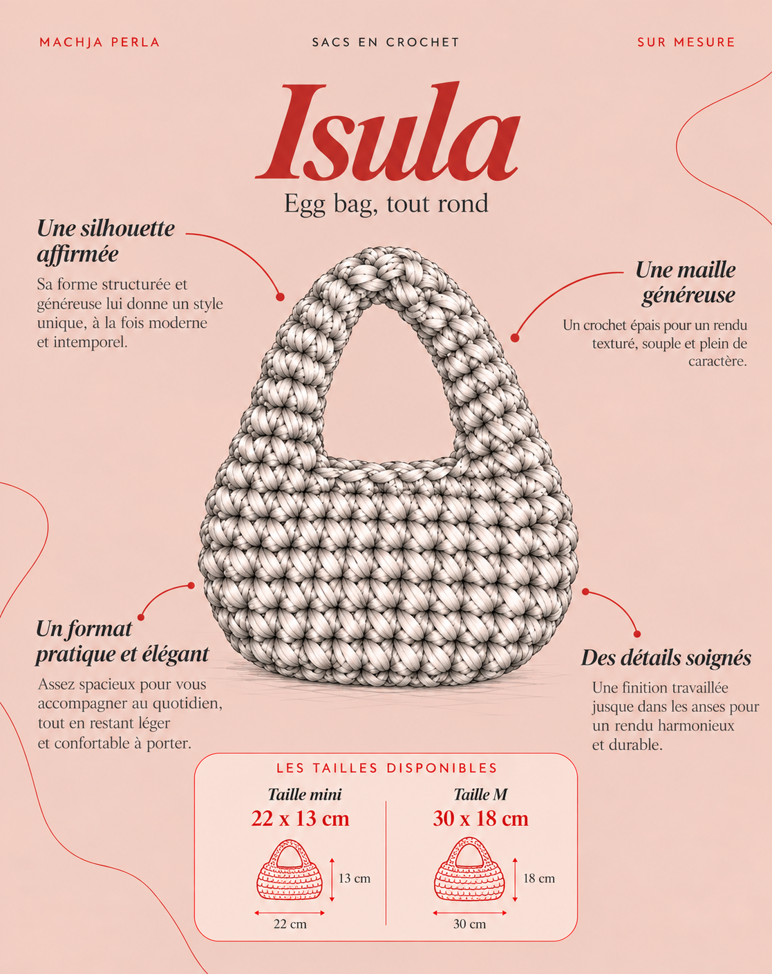 Sac sur mesure personnalisé en crochet fait main - Machja Perla (gros plan sur le tissage crochet)